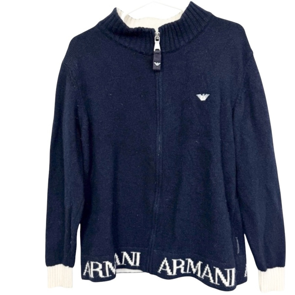 Armani Junior Made In Italy Navy Blue Full Zip Knit Sweater Size 6A